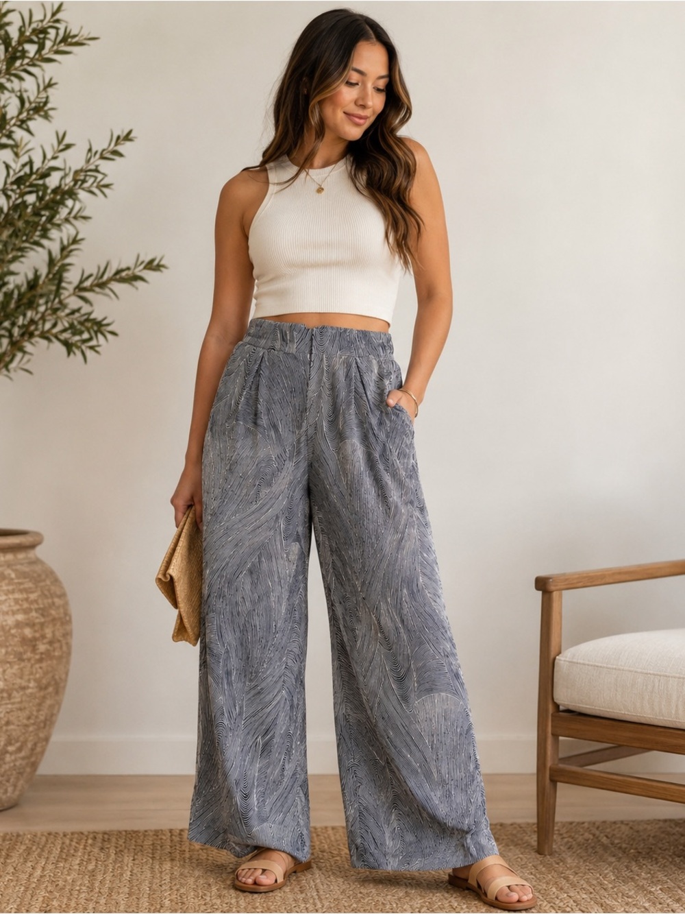 NWT FE NOEL x Target Blue White Abstract Wide Leg Cropped Pants Size Large